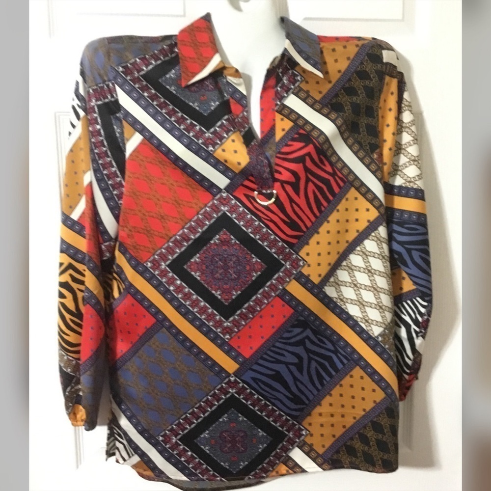 Marc New York Patchwork Geometric & Animal Print Blouse Size M - Picture 5 of 12